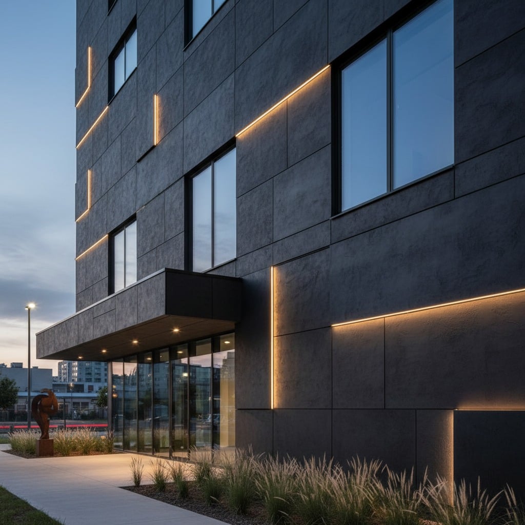 A modern building with a dark, textured facade features integrated linear LED lighting and large glass windows at dusk.
