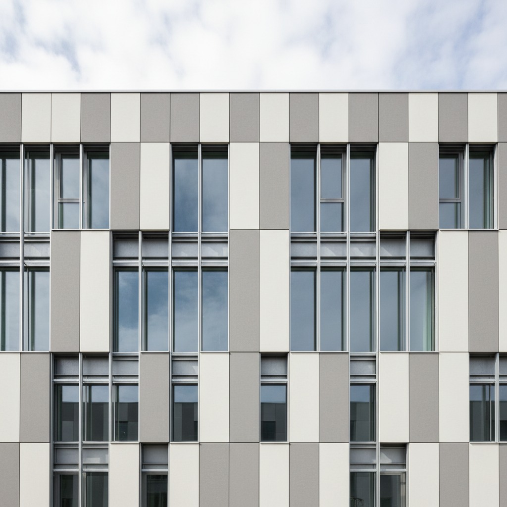 The facade of a modern building features a repeating pattern of vertical white and gray panels interspersed with rectangular windows.