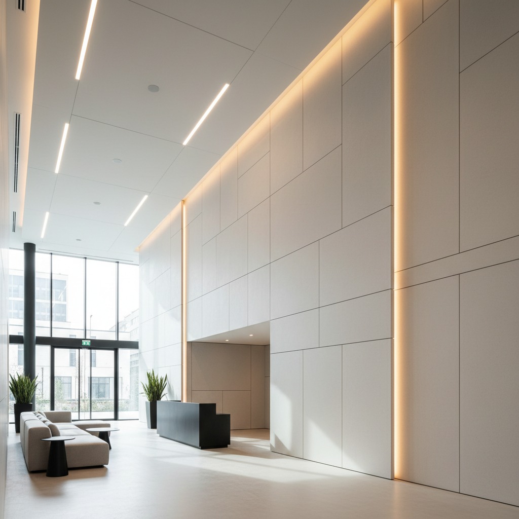 A modern office lobby features a minimalist reception desk, a long sofa, and tall walls accented with recessed linear lighting.