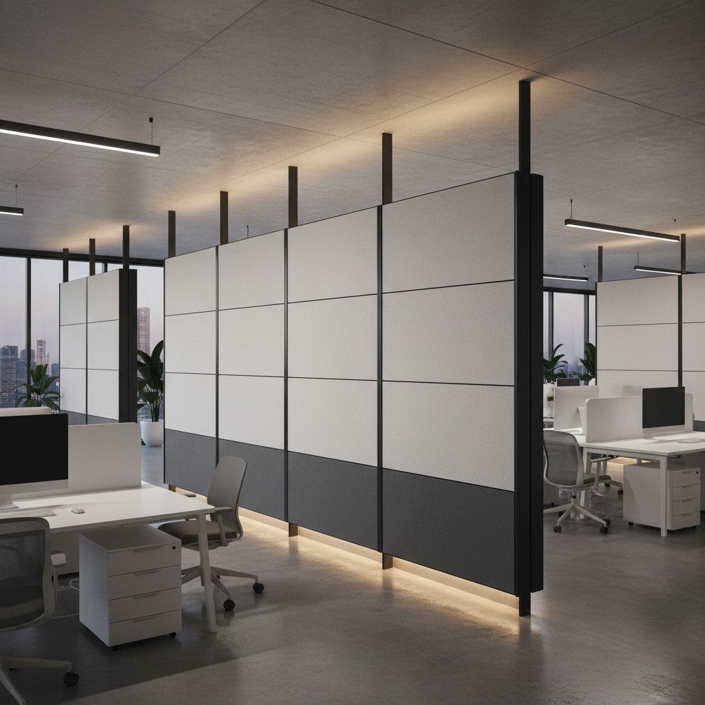 Modern office interior featuring modular wall partitions with light and dark gray panels separating workstations with white desks and chairs.