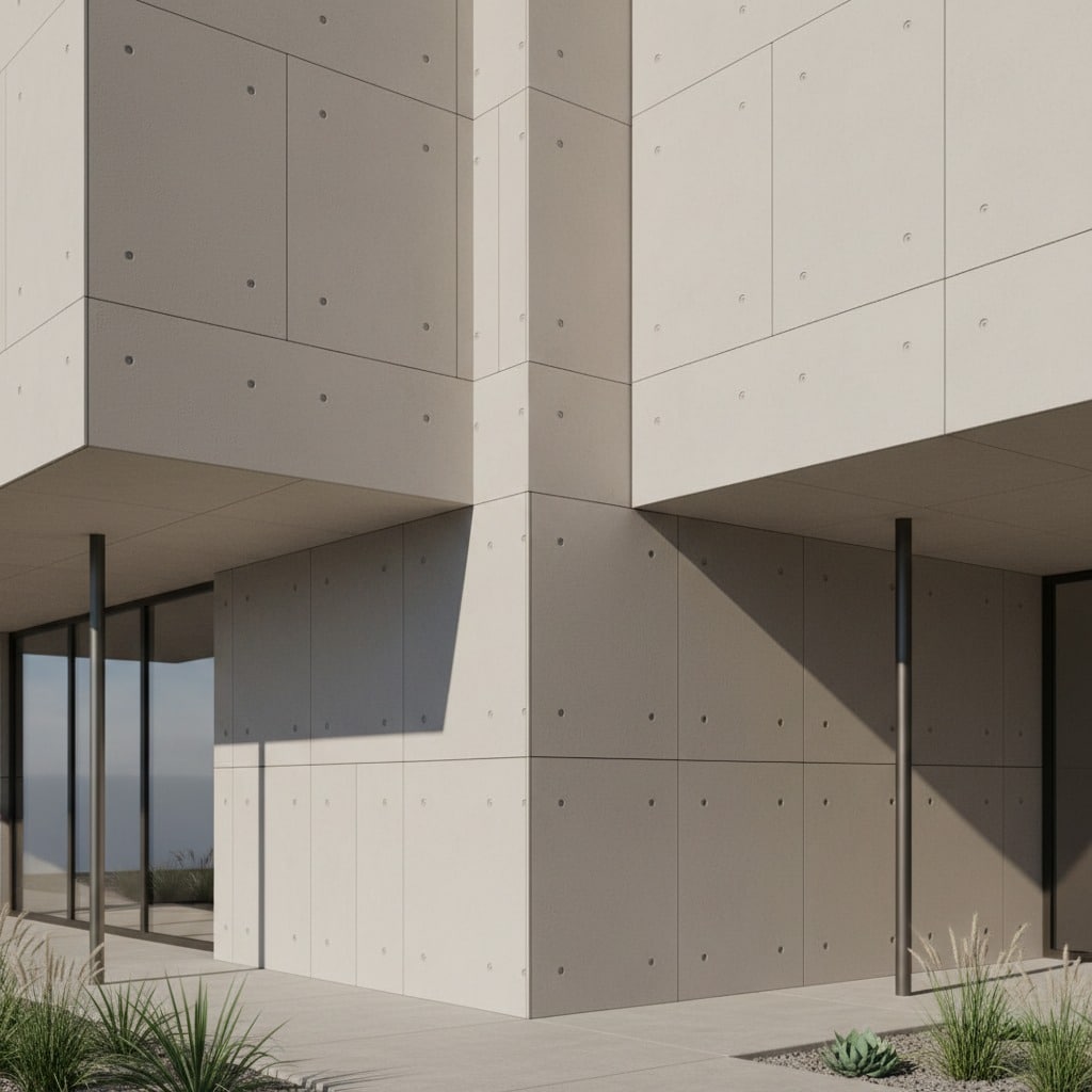 A modern building exterior features light-colored concrete panels with visible bolt patterns and large glass windows under a deep overhang.