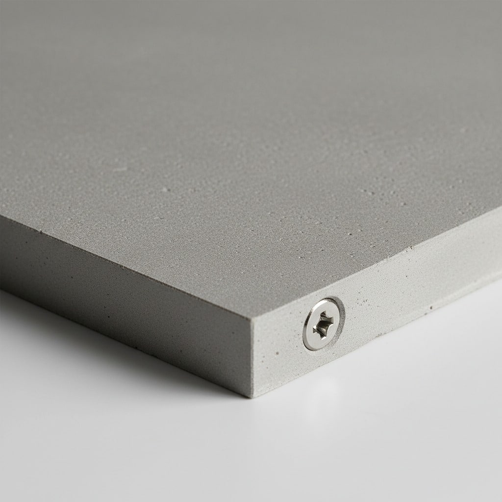 A close-up view of a gray concrete slab with a metal screw embedded in its side.