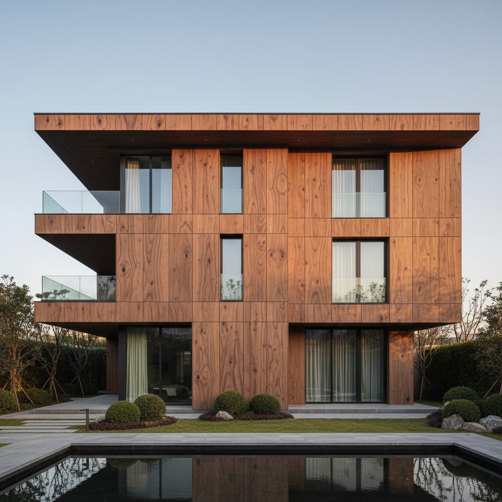 A modern three-story house with wood-paneled exterior walls and glass balconies overlooks a rectangular reflecting pool.