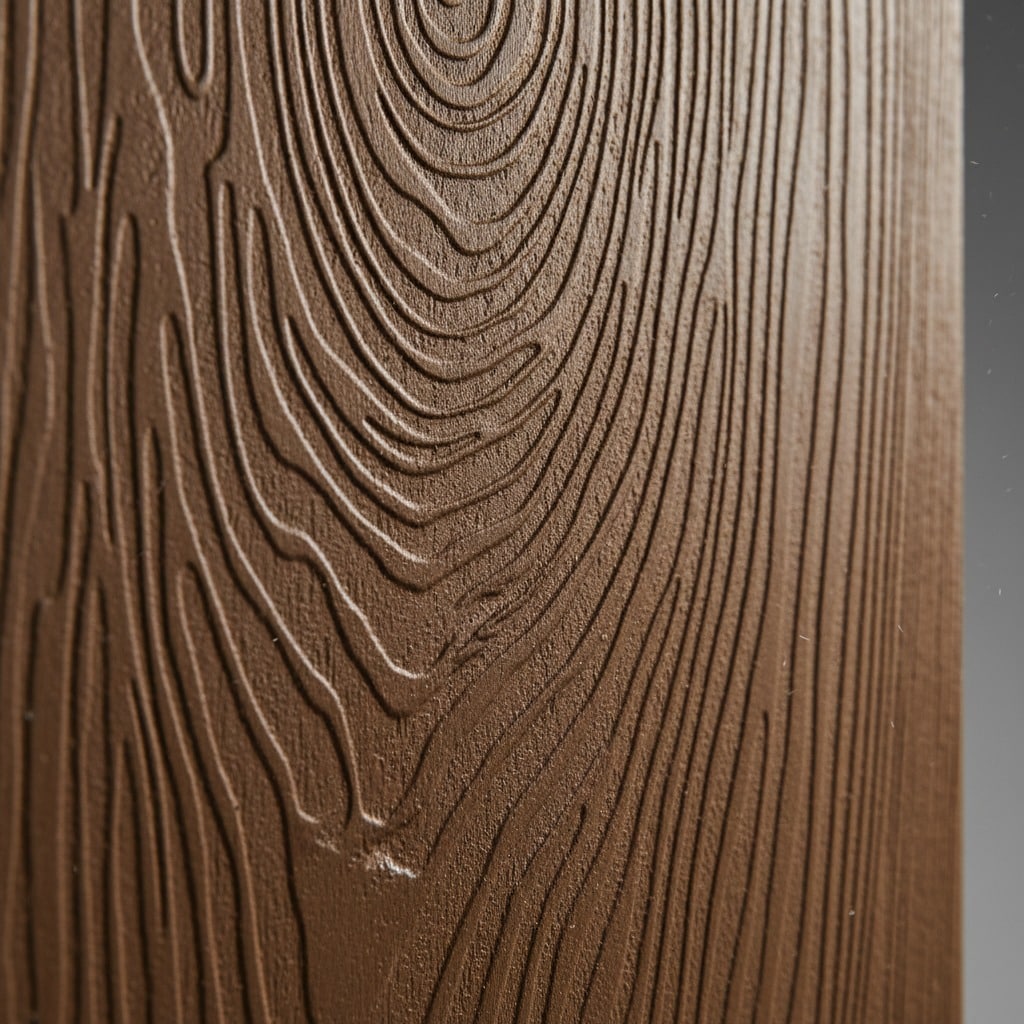 Close-up view of a brown wooden surface with prominent, embossed grain patterns.