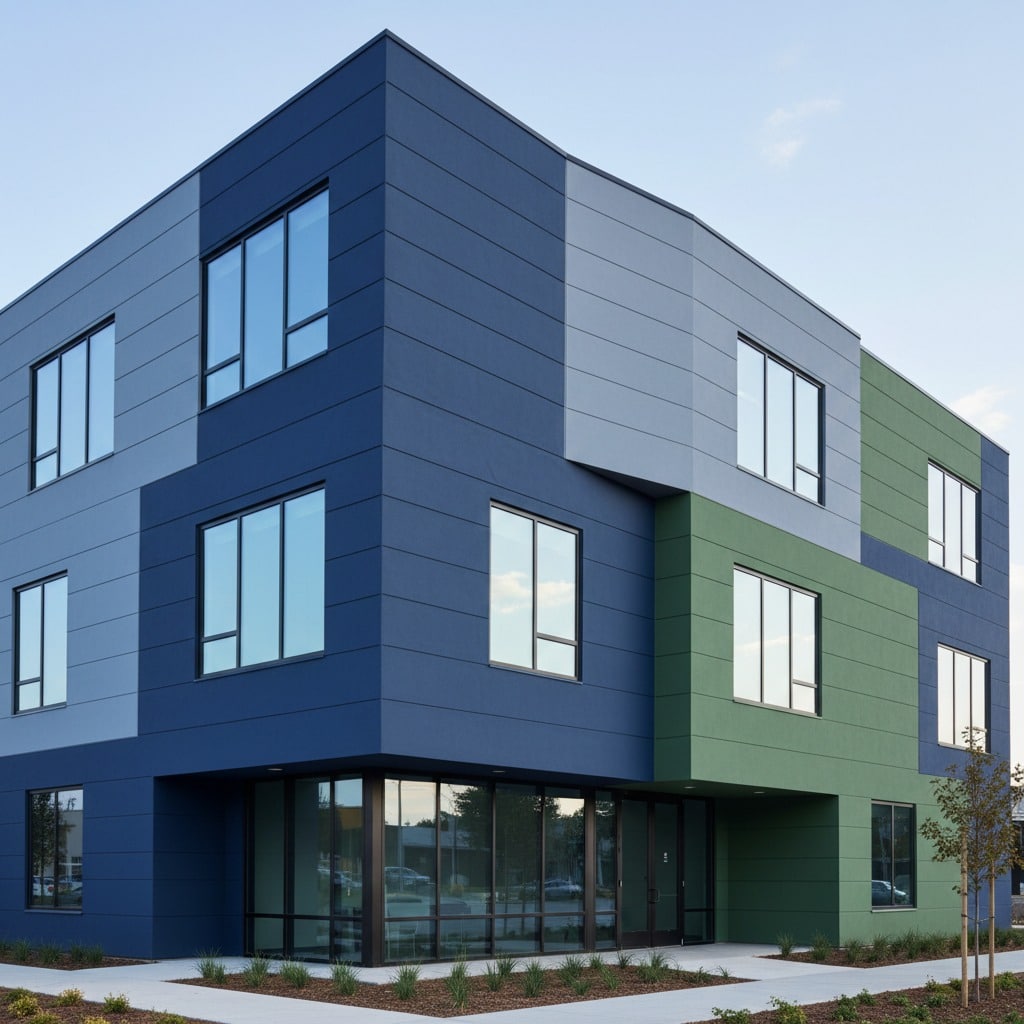 A modern three-story commercial building features a geometric facade with panels in shades of blue, gray, and green.