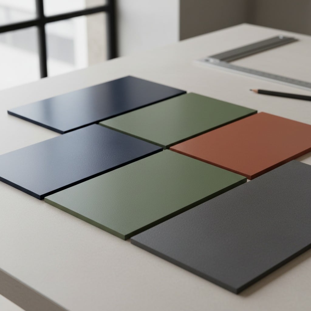 Rectangular color samples in shades of blue, green, terracotta, and gray are arranged on a desk next to a pencil and a metal ruler.